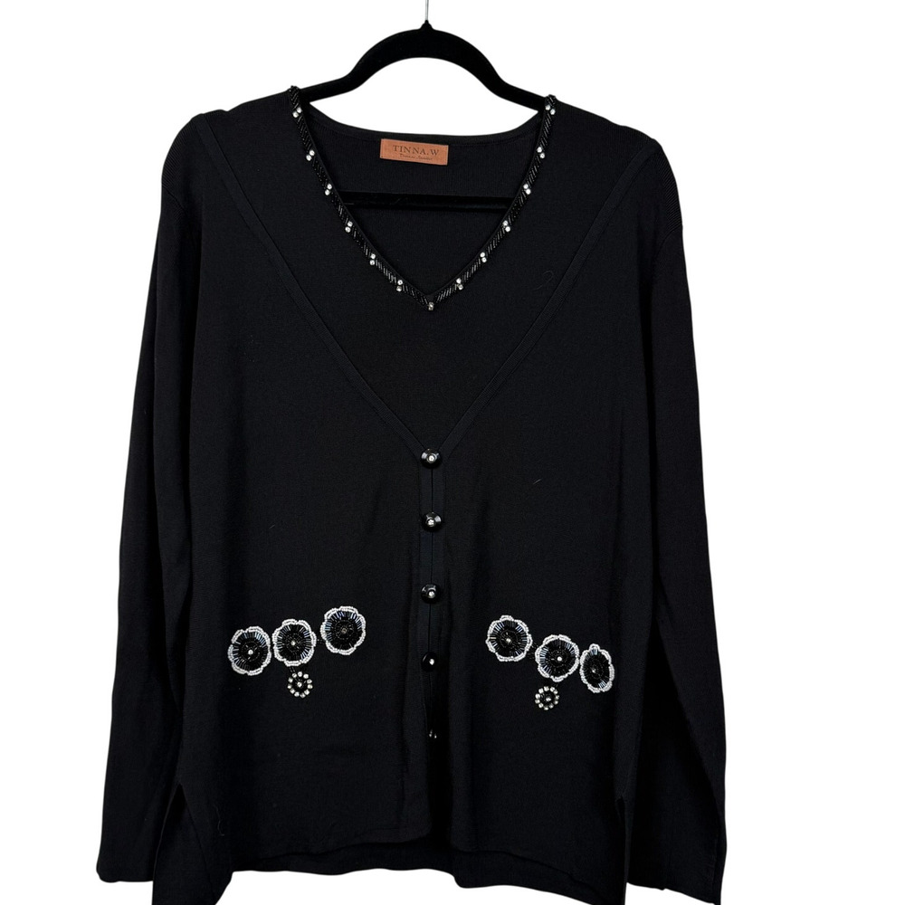 Tinna W Black Beaded Floral Cardigan Sweater Vintage Glam Size L